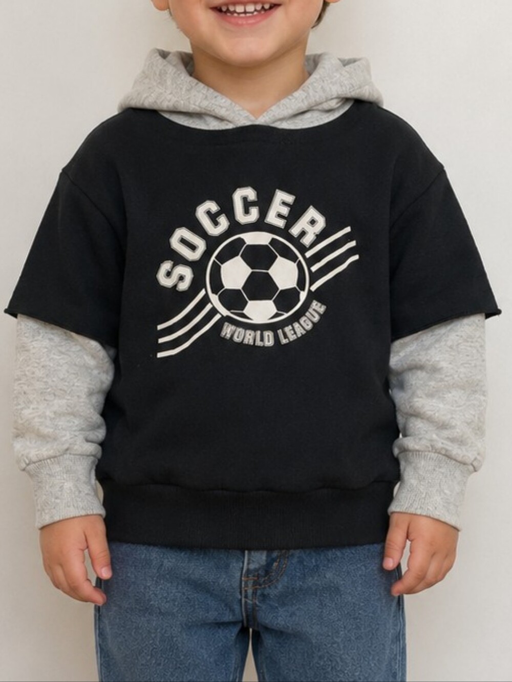 Milton Funwear Soccer Layered Hoodie | Toddler Size 2 | Black & Grey